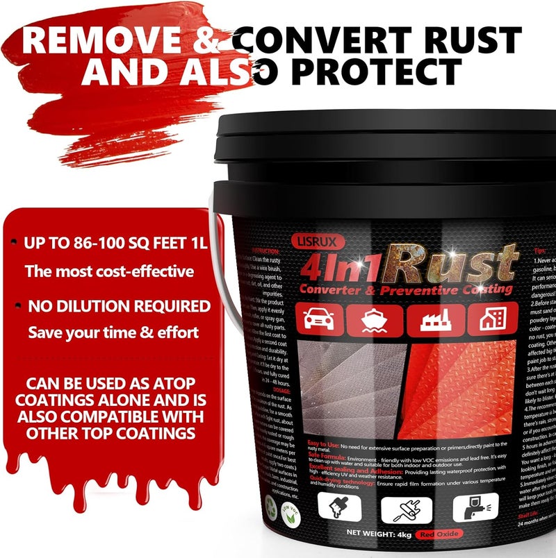 LISRUX 4-in-1 Rust Converter & Metal Primer, 141 Fl OZ Red Rust Inhibitor Paint for Metal, Remove & Convert Rust And Also Protect, Industrial Grade Water Based Rust Reformer, Heat Resistance & UV Resistant - Image 2